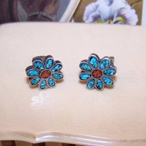 Native American Sterling Silver Coral Turquoise Inlay Clip Earrings
